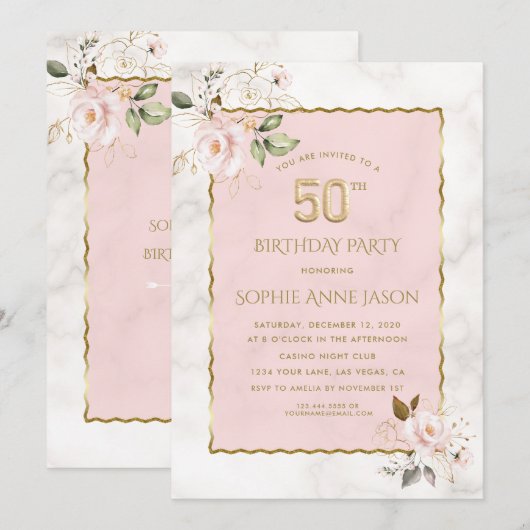 Luxe Roze Blush Bloemen Marmer 50e Verjaardag Kaart (Voorkant / Achterkant)
