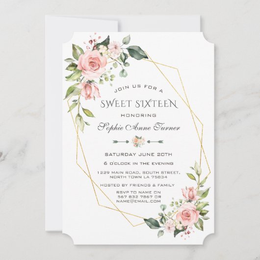 Luxe Roze Blush Bloemengoud Frame Sweet Sixteen Kaart (Voorkant)