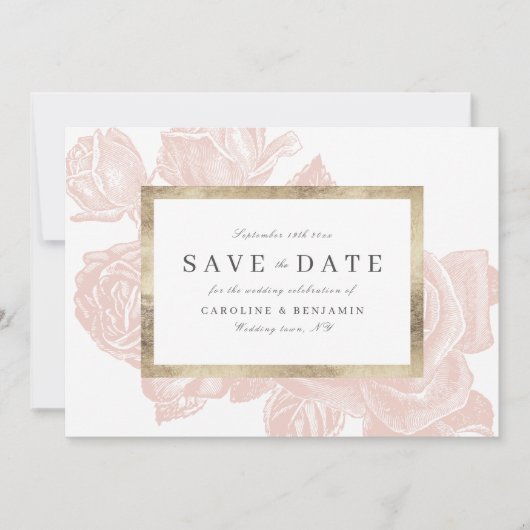 Luxe roze blush goud vintage save the date (Voorkant)