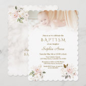 Luxe roze blush gouden bloemen foto doop kaart (Voorkant / Achterkant)