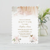 Luxe roze blush gouden bloemen foto doop kaart (Staand voorkant)