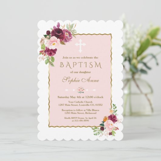 Luxe Roze Bourgondië Saffraan Bloemen Gouden Doop Kaart (Staand voorkant)