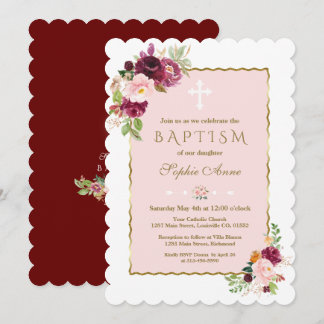 Luxe Roze Bourgondië Saffraan Bloemen Gouden Doop Kaart