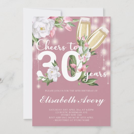 Luxe Roze Champagne Bloemen 30e Verjaardagsfeest Kaart (Voorkant)