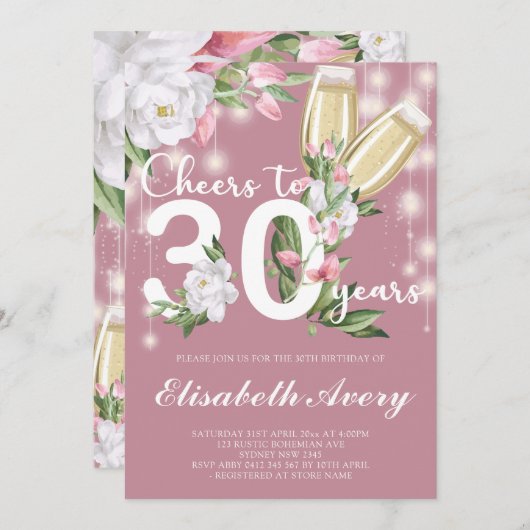 Luxe Roze Champagne Bloemen 30e Verjaardagsfeest Kaart (Voorkant / Achterkant)