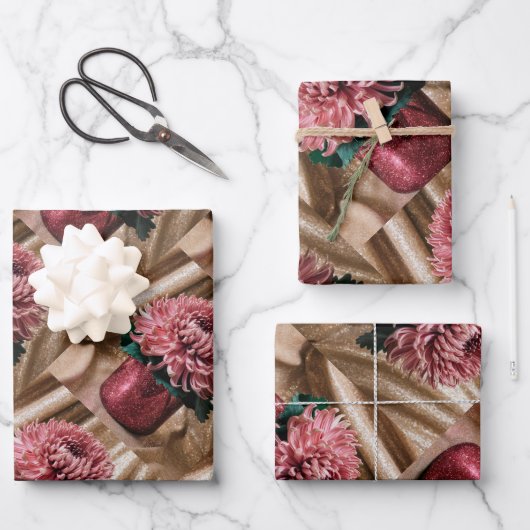 Luxe Roze Chrysanthemums Goud Verpakking Papier Se Inpakpapier Vel (Voorkant)