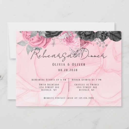 Luxe roze en zwarte Floral Inking Rehearsal Dinner Kaart (Voorkant)