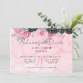 Luxe roze en zwarte Floral Inking Rehearsal Dinner Kaart (Staand voorkant)