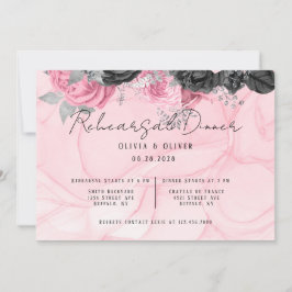 Luxe roze en zwarte Floral Inking Rehearsal Dinner Kaart