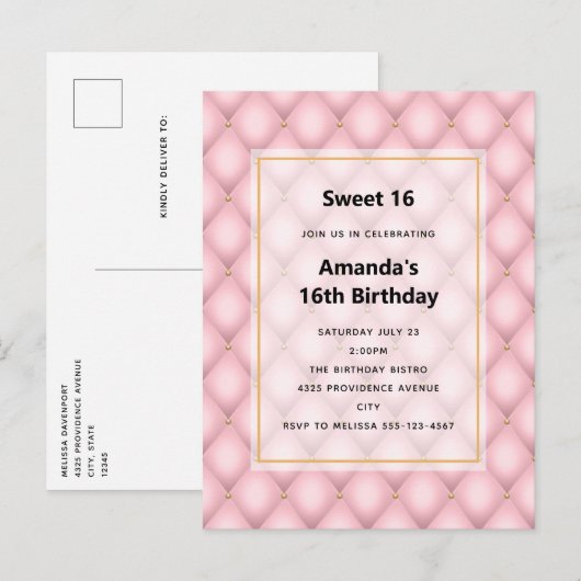 Luxe roze getuft diamanten patroon uitnodiging briefkaart (Voorkant / Achterkant)