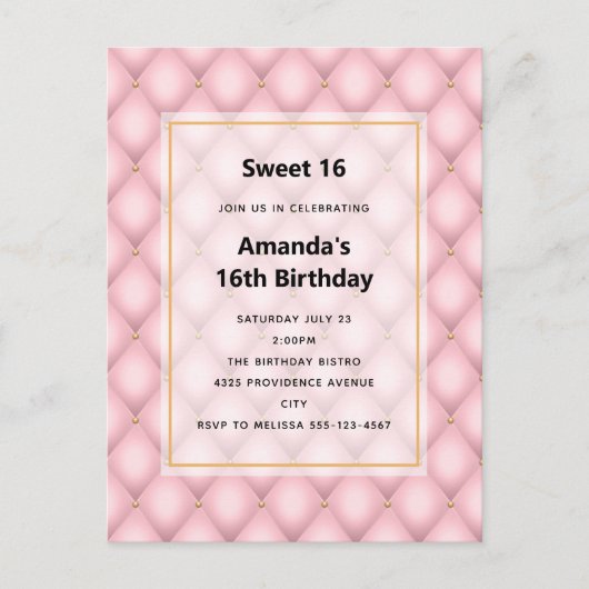 Luxe roze getuft diamanten patroon uitnodiging briefkaart (Voorkant)