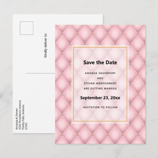 Luxe roze getufte diamanten patroon bruiloft aankondigingskaart (Voorkant / Achterkant)