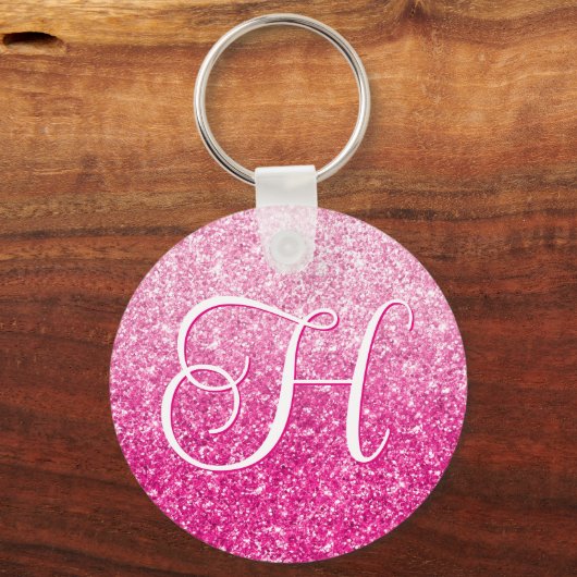 Luxe Roze Glitter Gradiënt Monogram Sleutelhanger (Voorkant)