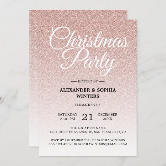 Luxe Roze Glitter Ombre Kerstfeest Uitnodiging (Voorkant / Achterkant)