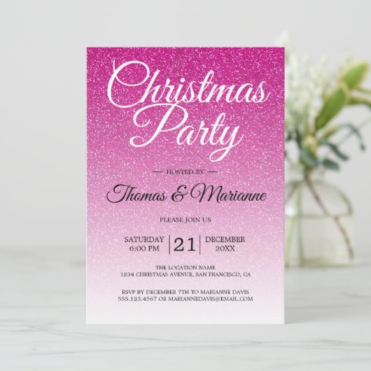 Luxe Roze Glitter Ombre Kerstfeest Uitnodiging (Staand voorkant)