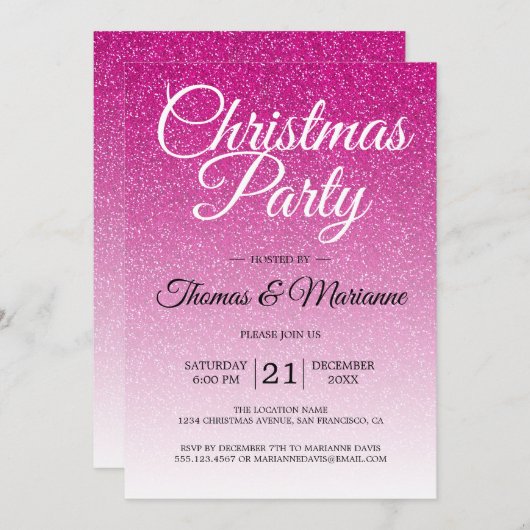 Luxe Roze Glitter Ombre Kerstfeest Uitnodiging (Voorkant / Achterkant)