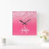 Luxe roze glitter-schijven voegen uw eigen monogra vierkante klok (Huis)