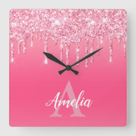 Luxe roze glitter-schijven voegen uw eigen monogra vierkante klok