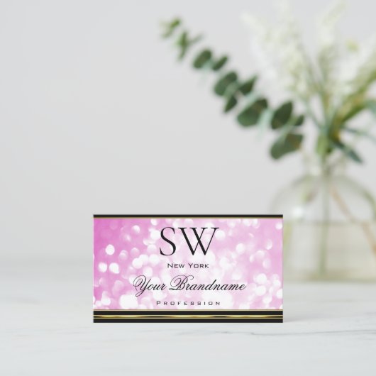 Luxe roze glitter zwart gouden rand monogram visitekaartje (Staand voorkant)