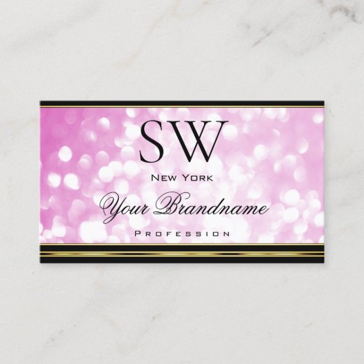 Luxe roze glitter zwart gouden rand monogram visitekaartje (Voorkant)
