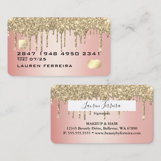 Luxe roze Gold Glitter Faux Debit Card Visitekaartje (Voorkant / Achterkant)
