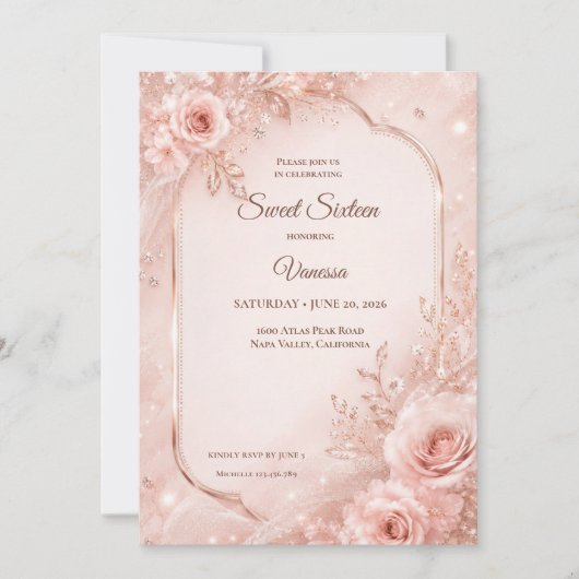 Luxe Roze Goud Bloem Sweet 16 Kaart (Voorkant)