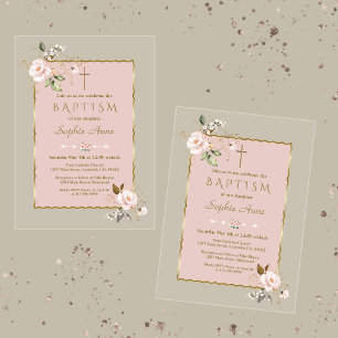 Luxe Roze Goud Bloemen Meisje Doop Acryl Uitnodigingen