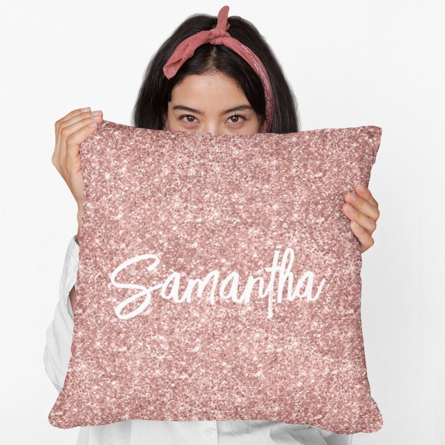 Luxe Roze Goud Glitter Borstel Script Naam Kussen (Creator heeft geüpload)