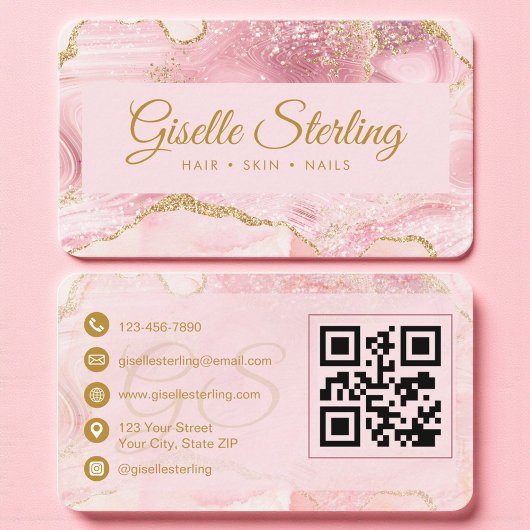 Luxe Roze & Goud Marmer QR Code Visitekaartje