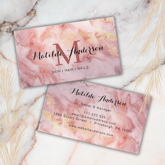Luxe Roze Goud Marmeren Agaat Monogram Modern Visitekaartje