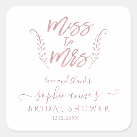 Luxe Roze Goud Miss To Mrs Bruidsmeisje Feest Vierkante Sticker (Voorkant)
