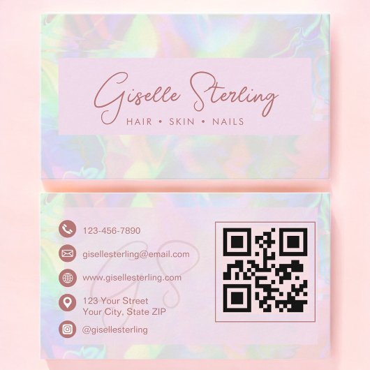 Luxe Roze Goud Opal QR Code Professioneel Visitekaartje