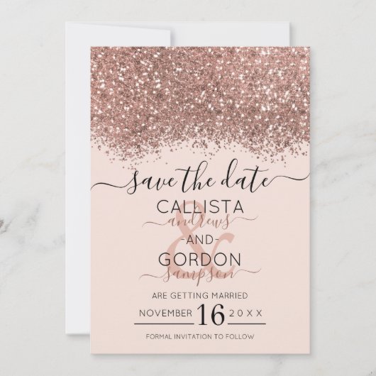 Luxe Roze Goud Roze Glitters Confetti Bruiloft Save The Date (Voorkant)