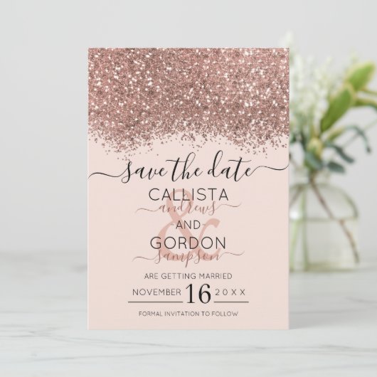 Luxe Roze Goud Roze Glitters Confetti Bruiloft Save The Date (Staand voorkant)