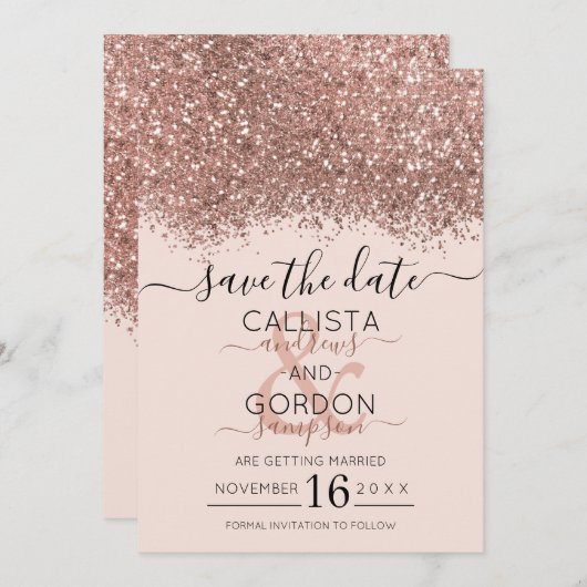Luxe Roze Goud Roze Glitters Confetti Bruiloft Save The Date (Voorkant / Achterkant)