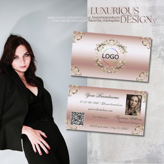 Luxe Roze Goud Versierde Logo Foto en QR Code Visitekaartje