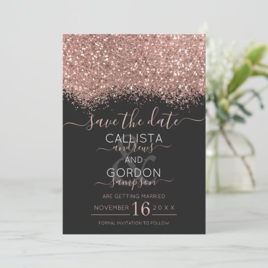 Luxe Roze Goud Zwart Glitters Confetti Bruiloft Save The Date (Staand voorkant)