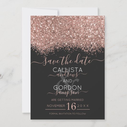 Luxe Roze Goud Zwarte Glitters Confetti Bruiloft Save The Date (Voorkant)