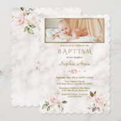 Luxe Roze Gouden Bloemen Marmeren Meisje Foto Doop Kaart (Voorkant / Achterkant)