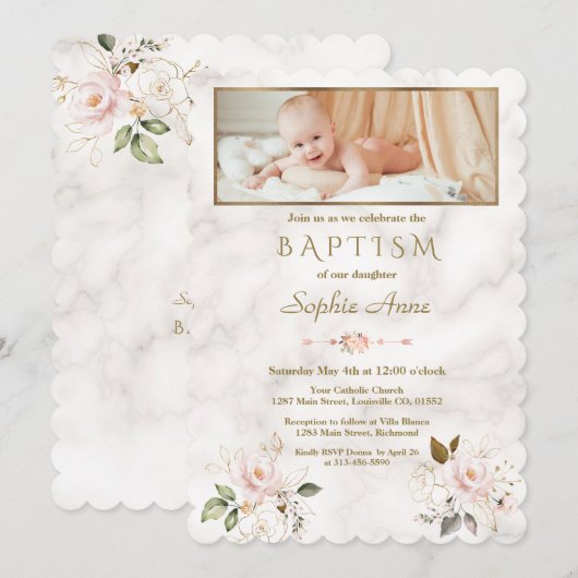 Luxe Roze Gouden Bloemen Marmeren Meisje Foto Doop Kaart (Voorkant / Achterkant)