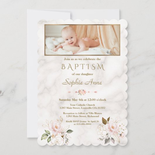 Luxe Roze Gouden Bloemen Marmeren Meisje Foto Doop Kaart (Voorkant)