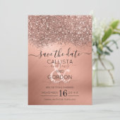 Luxe Roze Gouden Glitter Confetti Metallic Bruilof Save The Date (Staand voorkant)
