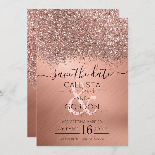 Luxe Roze Gouden Glitter Confetti Metallic Bruilof Save The Date (Voorkant / Achterkant)