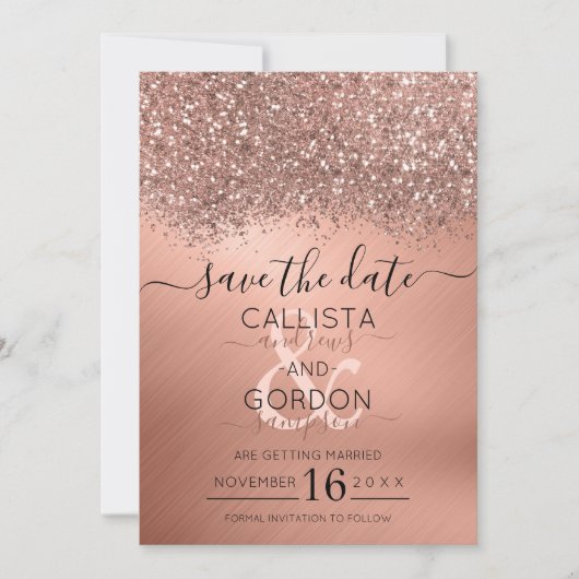 Luxe Roze Gouden Glitter Confetti Metallic Trouwfe Save The Date (Voorkant)