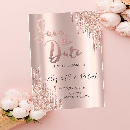 Luxe Roze Gouden Glitter Drips Bewaar de Datum Save The Date