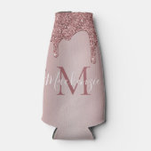 Luxe Roze Gouden Glitter Druppels Monogram Flesjeskoeler (Voorkant)