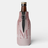 Luxe Roze Gouden Glitter Druppels Monogram Flesjeskoeler (Fles Achterkant)