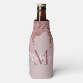 Luxe Roze Gouden Glitter Druppels Monogram Flesjeskoeler