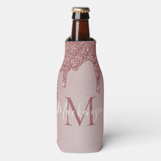 Luxe Roze Gouden Glitter Druppels Monogram Flesjeskoeler (Fles Voorkant)