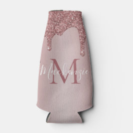 Luxe Roze Gouden Glitter Glans Drips Monogram Flesjeskoeler